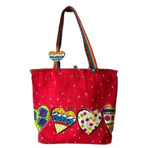Sally Huss Heart Canvas XLarge Standing Tote Bag With Rainbow Hearts Charm